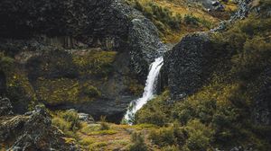 Превью обои водопад, вода, скалы, растения, камни