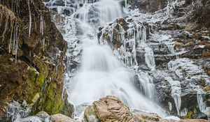 Превью обои водопад, замерзший, лед, сосульки, скалы