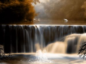 Превью обои водопад, журавль, вода, птица, деревья