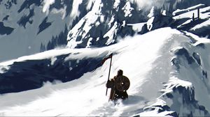 Превью обои воин, снег, гора, арт