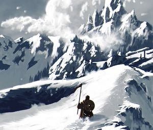 Превью обои воин, снег, гора, арт
