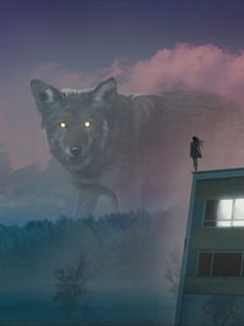 Превью обои волк, гигант, девушка, крыша, туман, иллюзия
