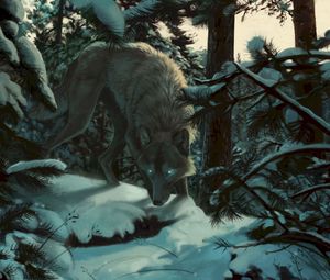 Превью обои волк, лес, снег, арт, хищник, деревья