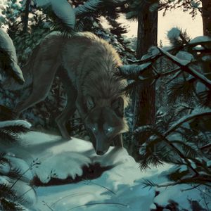 Превью обои волк, лес, снег, арт, хищник, деревья