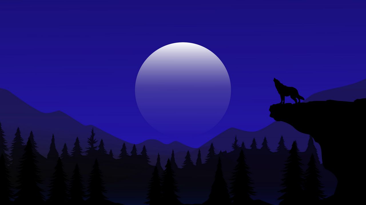 Обои волк, луна, деревья, холмы, ночь, вектор, арт