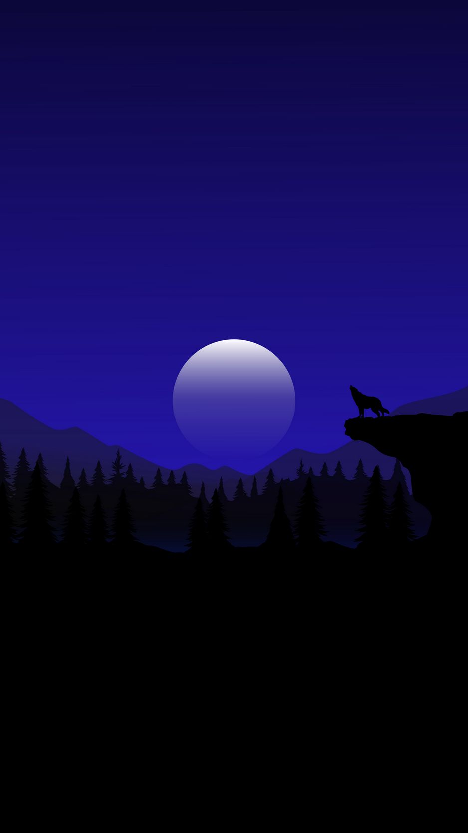 938x1668 Обои волк, луна, деревья, холмы, ночь, вектор, арт