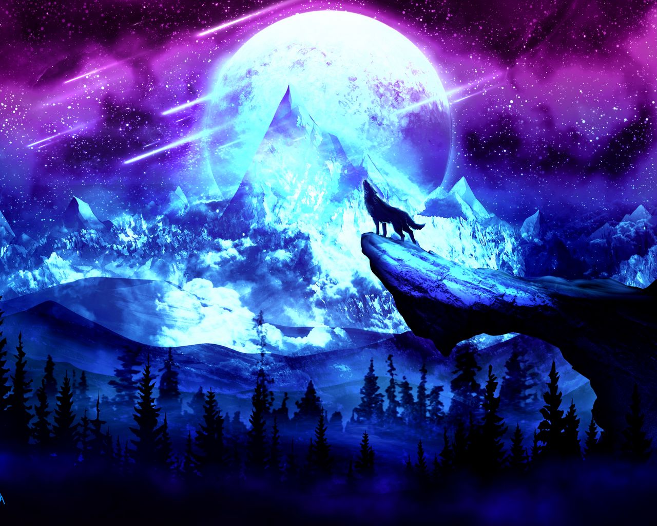 1280x1024 Обои волк, луна, ночь, горы, арт