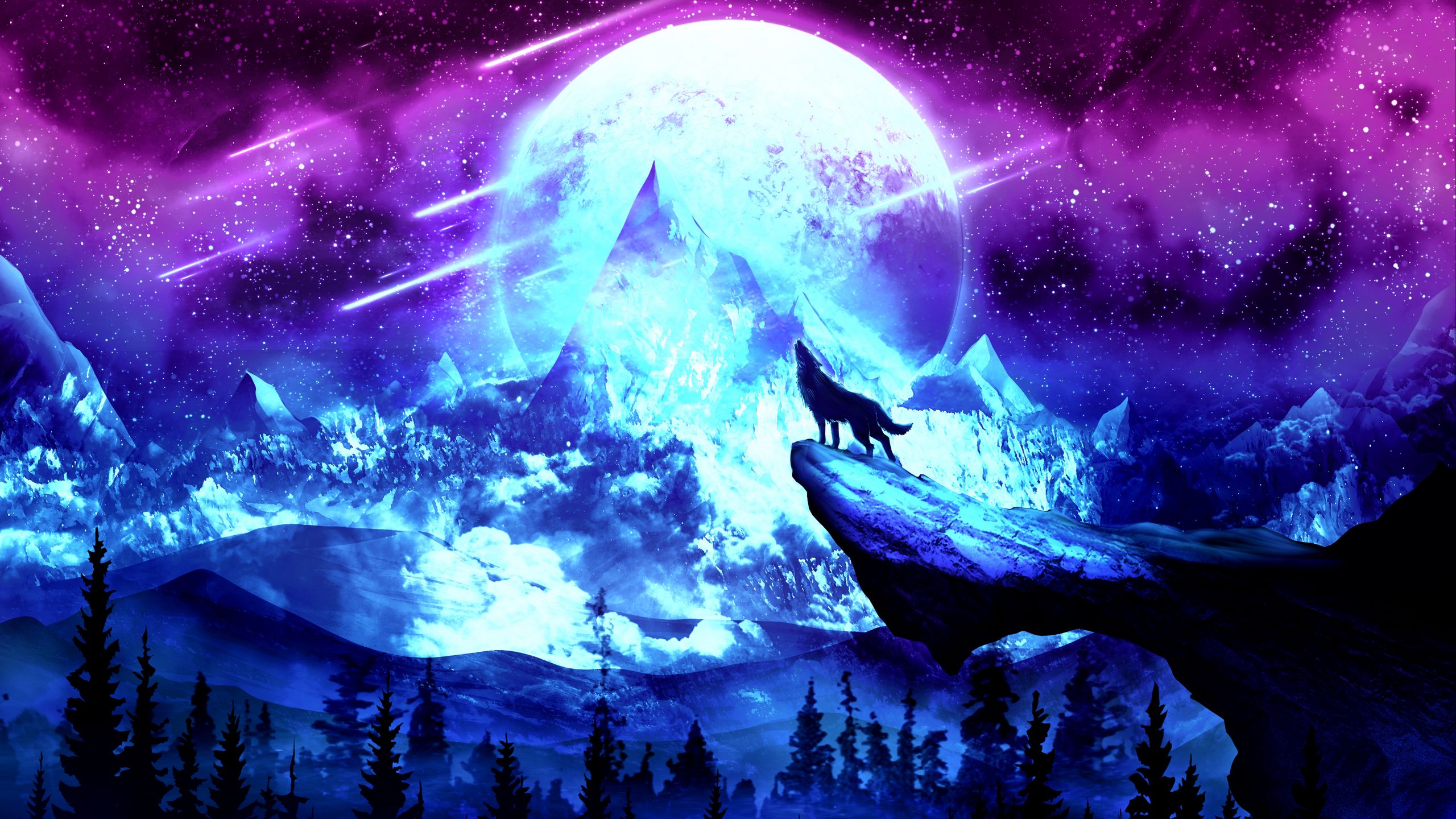 2560x1440 Обои волк, луна, ночь, горы, арт