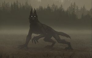 Превью обои волк, монстр, ночь, туман, арт