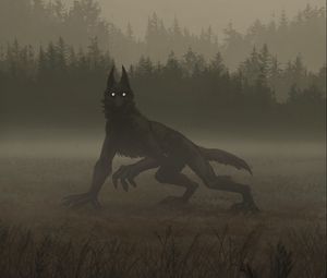 Превью обои волк, монстр, ночь, туман, арт