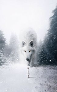 Превью обои волк, ребенок, фотошоп, белый, снег, туман