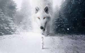 Превью обои волк, ребенок, фотошоп, белый, снег, туман