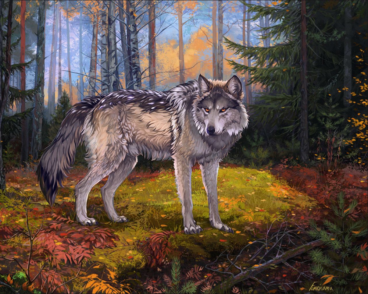 Скачать 1280x1024 волк, серый, лес, дикая природа, арт обои, картинки  стандарт 5:4