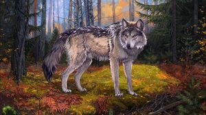 Превью обои волк, серый, лес, дикая природа, арт