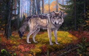 Превью обои волк, серый, лес, дикая природа, арт