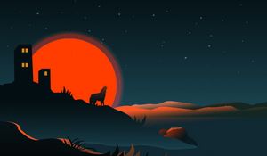 Превью обои волк, силуэт, здание, солнце, вектор, арт