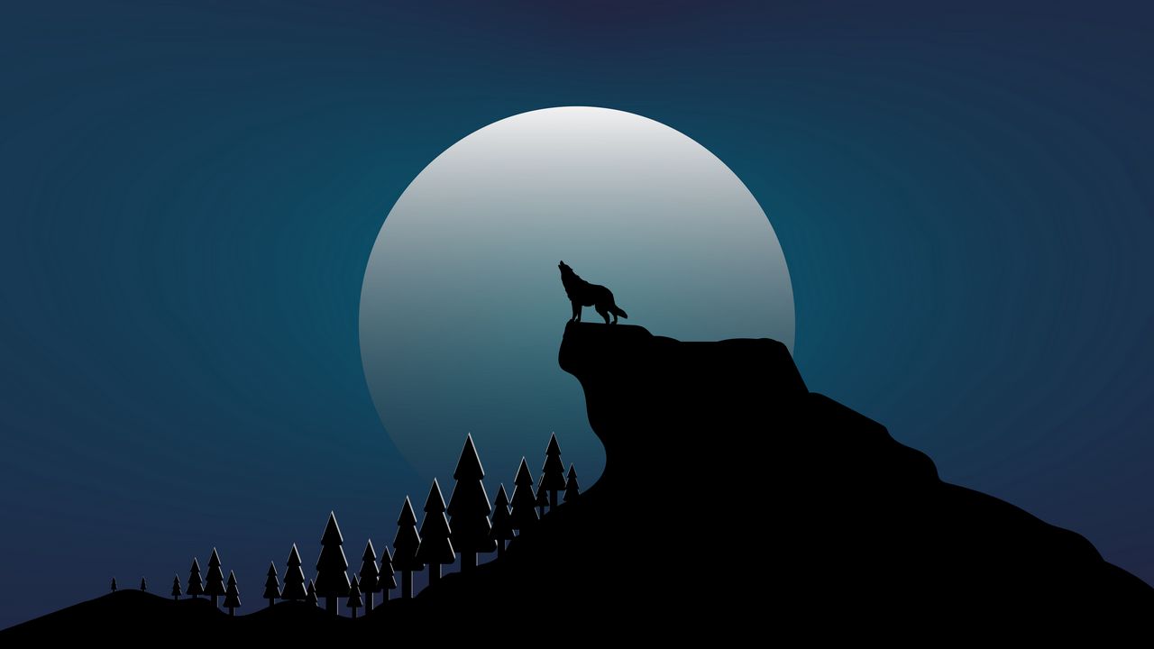 Обои волк, скала, луна, вектор, арт, темный