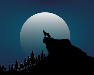 Превью обои волк, скала, луна, вектор, арт, темный