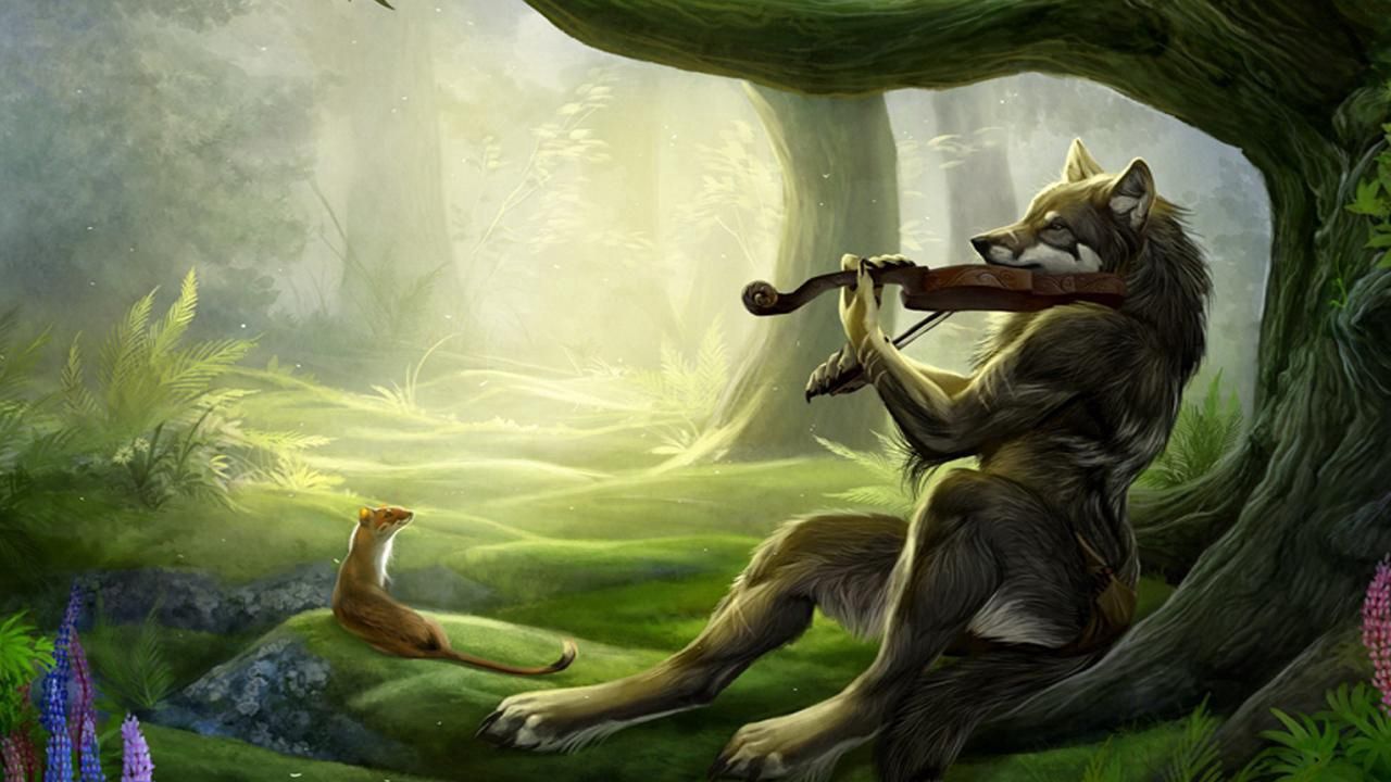 Обои волк, скрипка, лес, музыка