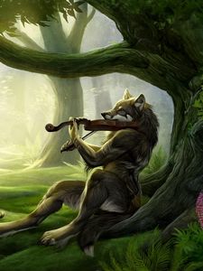Превью обои волк, скрипка, лес, музыка
