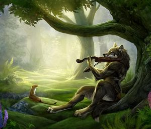 Превью обои волк, скрипка, лес, музыка