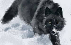Превью обои волк, снег, арт, зверь, черный