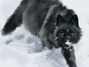 Превью обои волк, снег, арт, зверь, черный