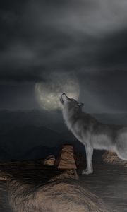 Превью обои волк, вой, луна, полнолуние