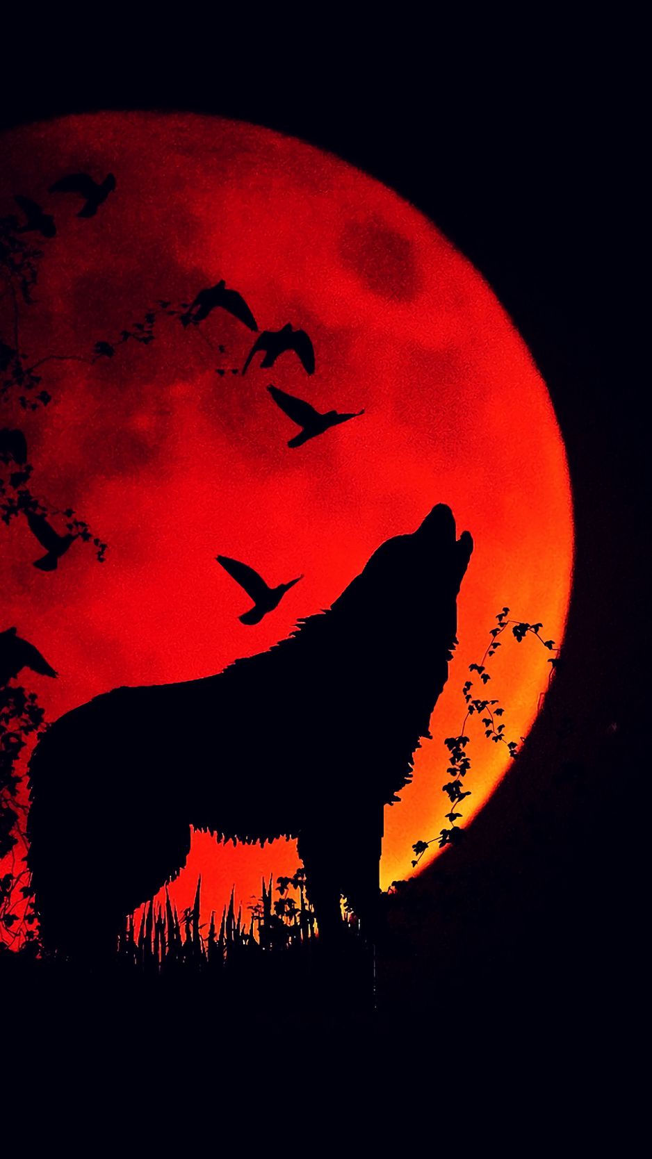 938x1668 Обои волк, вой, силуэт, полнолуние, огненная луна