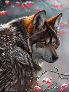 Превью обои волк, взгляд, арт, хищник, ягоды, ветки