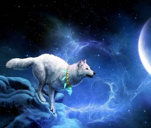 Превью обои волк, заезды, луна, обрыв