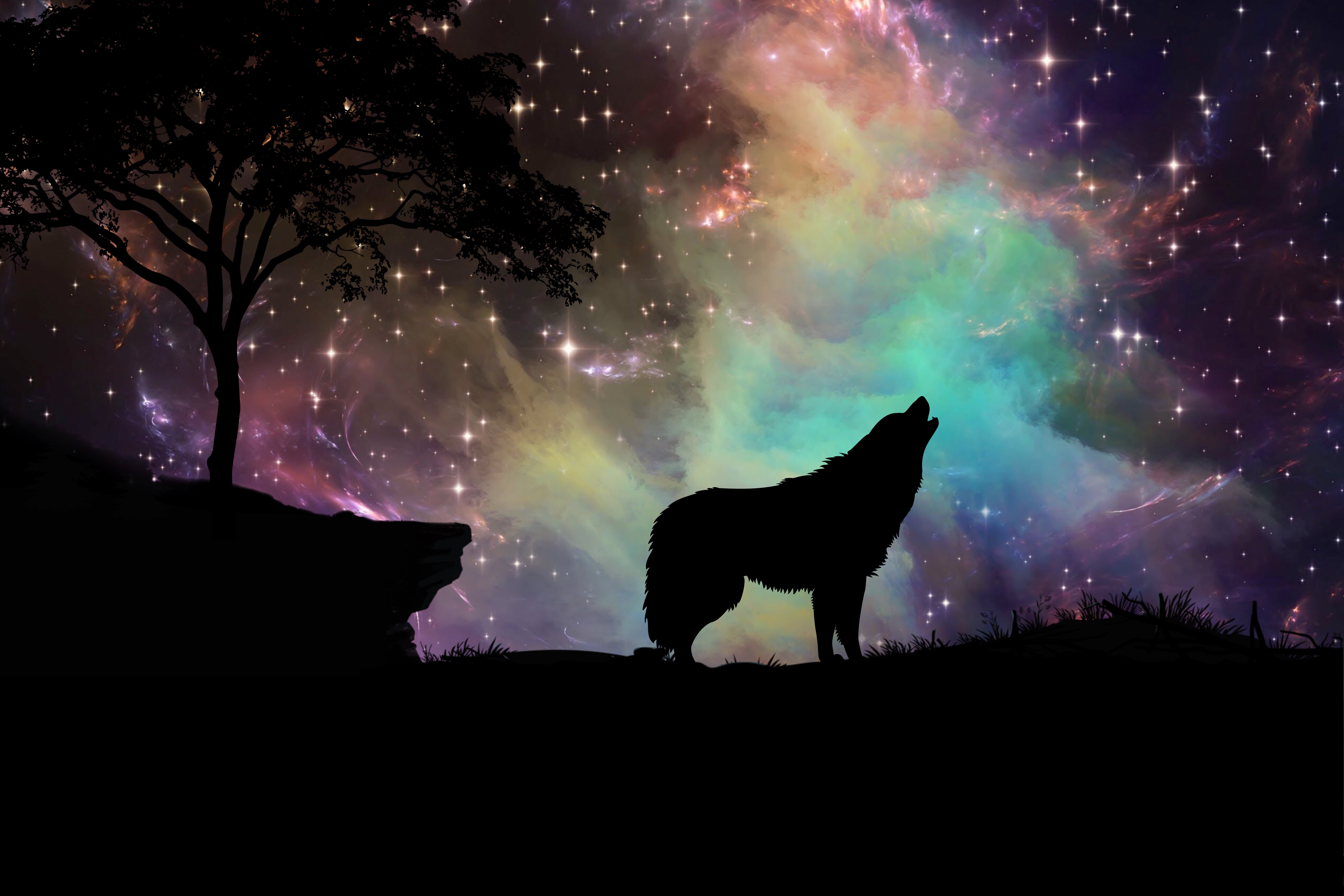 5760x3840 Обои волк, звездное небо, силуэт, арт.