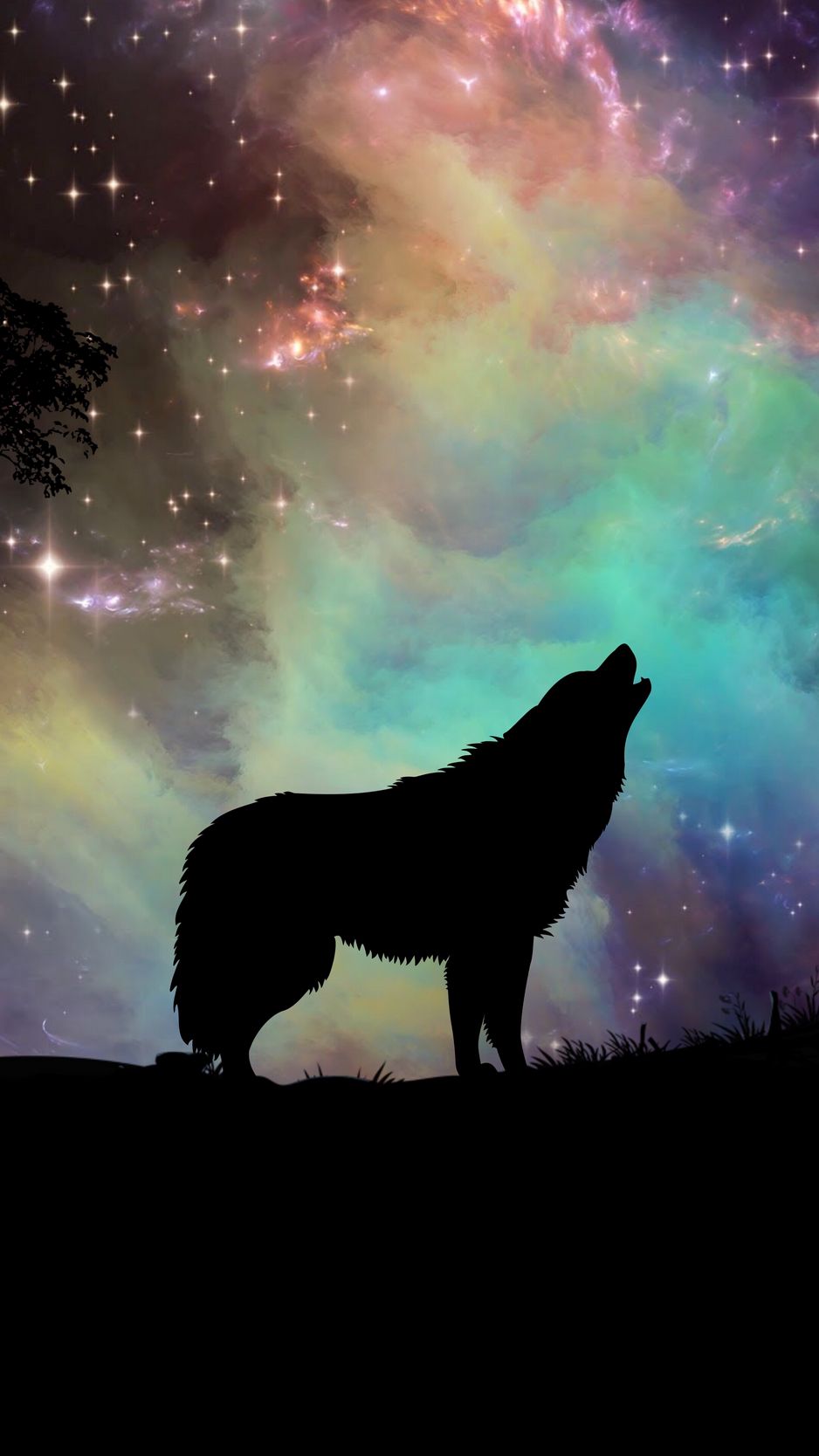 938x1668 Обои волк, звездное небо, силуэт, арт