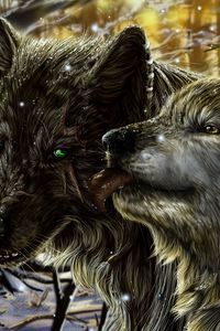 Превью обои волки, пара, нежность, язык, любовь, снег
