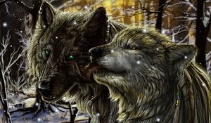 Превью обои волки, пара, нежность, язык, любовь, снег