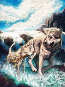 Превью обои волки, ветка, река, дикая природа, арт