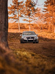 Превью обои volkswagen, автомобиль, серый, деревья, осень