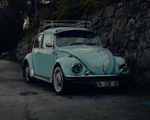 Превью обои volkswagen beatle, volkswagen, автомобиль, ретро, старый, синий