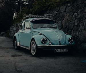 Превью обои volkswagen beatle, volkswagen, автомобиль, ретро, старый, синий