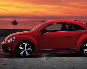 Превью обои volkswagen, fusca, красный, вид сбоку