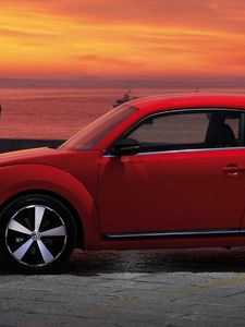 Превью обои volkswagen, fusca, красный, вид сбоку