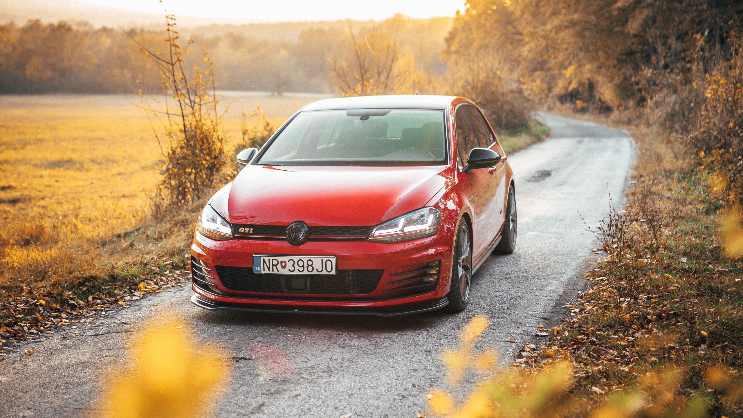 Скачать 2560x1440 volkswagen golf gti, volkswagen, машина, красный, вид  спереди, дорога, природа обои, картинки 16:9