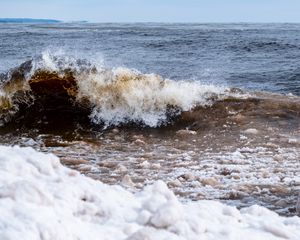 Превью обои волна, брызги, море, снег, лед