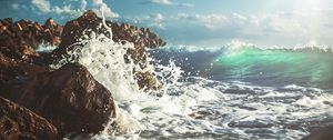 Превью обои волна, пена, прибой, вода, камни