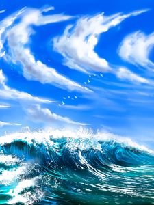 Превью обои волны, море, облака, птицы, арт