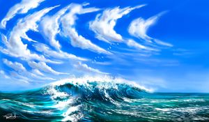 Превью обои волны, море, облака, птицы, арт