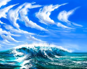 Превью обои волны, море, облака, птицы, арт