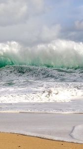Превью обои волны, шторм, берег, непогода, сила, мощь, удар, потоки, ветер, брызги