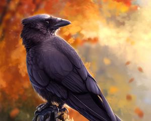 Превью обои ворон, птица, арт, черный, осень