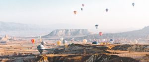 Превью обои воздушные шары, разноцветный, горы, скалы, долина